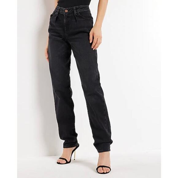 Express Woman Mid Rise Washed Black Pleated Baggy Tapered Jeans, Size 8L - Picture 3 of 12